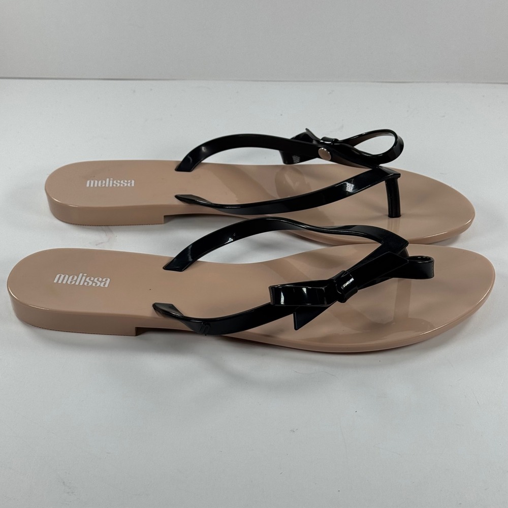 Melissa Harmonic Sweet Bow Thong Sandals Black Beige Vegan Jelly Flip Flops 10